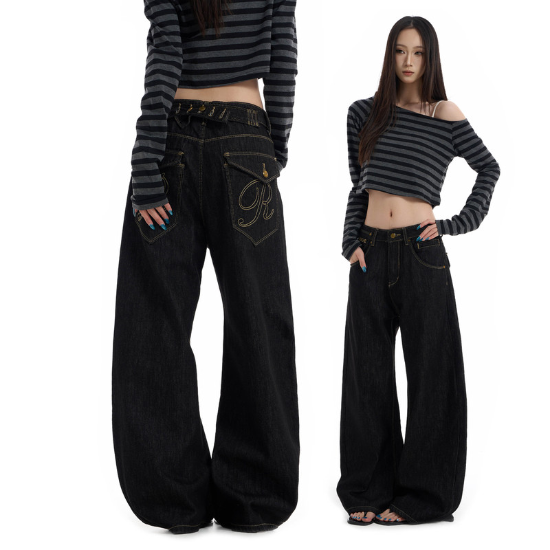 Talk Later Retro Paris Buckle Bamboo Joint Original Color Jeans Washed Straight Casual Loose Wide-Leg Long Pants Trendy Talk Later Retro Paris Buckle Bamboo Joint Original Color Jeans Washed Straight Casual Loose Wide-Leg Long Pants Trendy