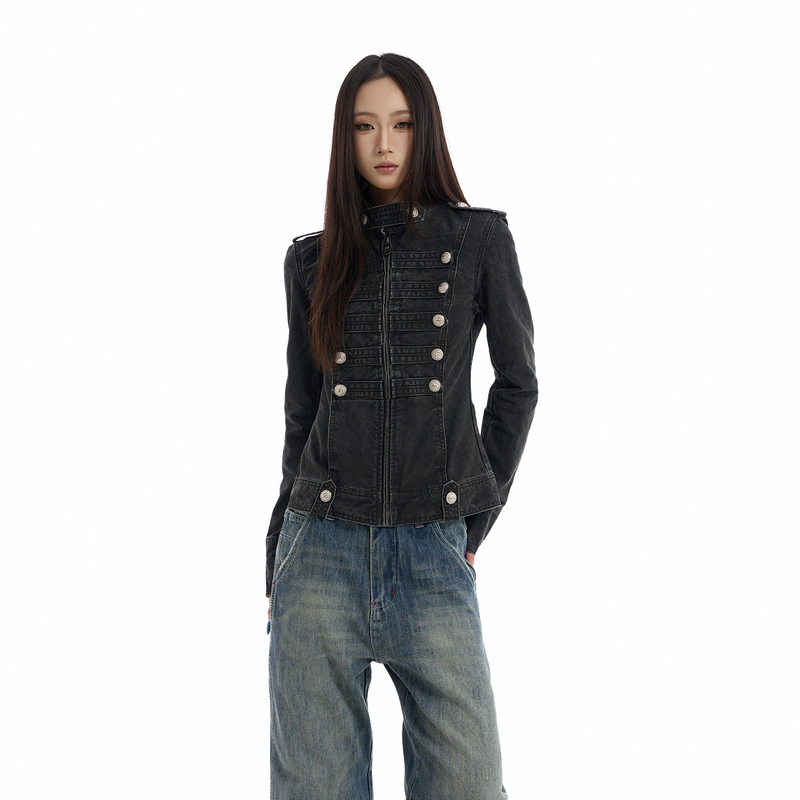 Talk Later Retro Palace-Style Napoleon Double-Breasted Washed Vintage Jacket for Women with Stand Collar, Short Style, and Waist-Cinching Design Talk Later Retro Palace-Style Napoleon Double-Breasted Washed Vintage Jacket for Women with Stand Collar, Short Style, and Waist-Cinching Design