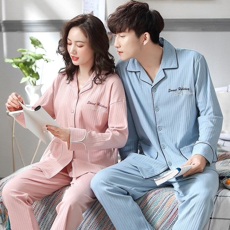 Pajamas women's long-sleeved thin cotton men's pajamas loose Korean version trend cardigan suit autumn and winter couples home clothes
