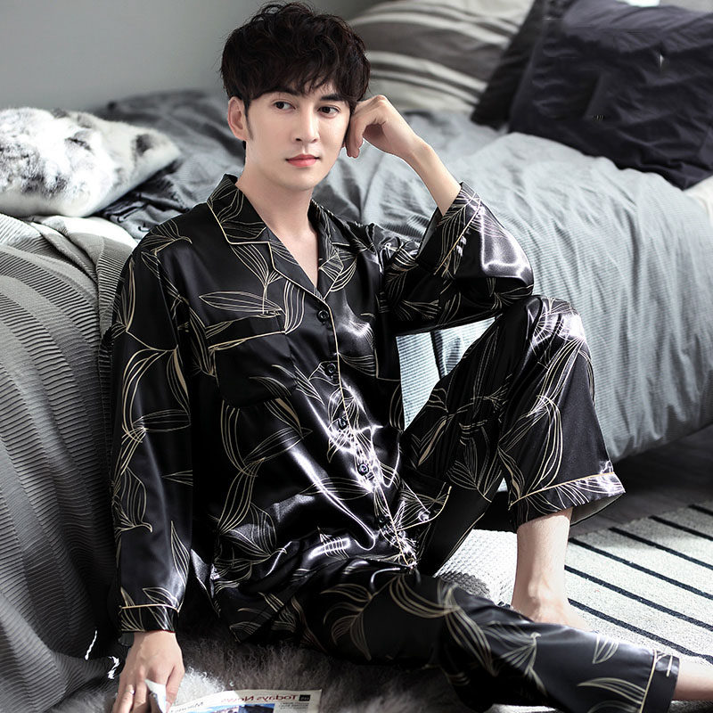 Ice silk pajamas men's spring and autumn long-sleeved trousers thin casual fashion loose simple soft home clothes two-piece