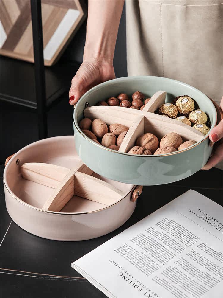 Porcelain Wood One Creative Snack Box Household Multifunctional Snack Fruit Plate Light Luxury Living Room Candy Plate Fruit Plate