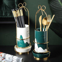 Porcelain wood chopstick emerald light luxury chopstick tube Kitchen drain ceramic chopstick basket creative household chopstick storage bucket