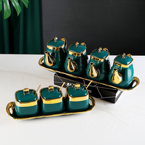 Light luxury dark green household ceramic sugar jar salt flavor jar seasoning bottle five-piece American seasoning box