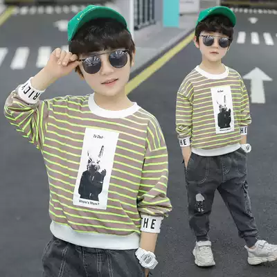 Boys striped casual tops Children's spring and Autumn loose 6 long-sleeved T-shirts 7 Pullover 8 Korean casual 10-year-old bottoming shirt