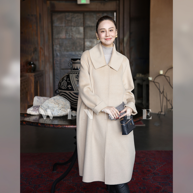 Winnietang 100% Alxa White Camel Wool 17.5 Micron Double-Sided Short Smooth Minimalist Large Lapel Coat