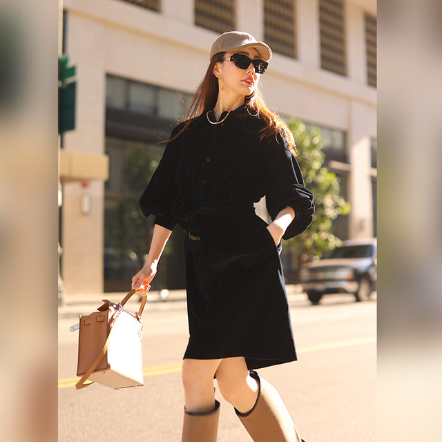 WinnieTang high-thread-count silhouette shirt dress with waisted autumn long-sleeved temperament and high-end corduroy dress