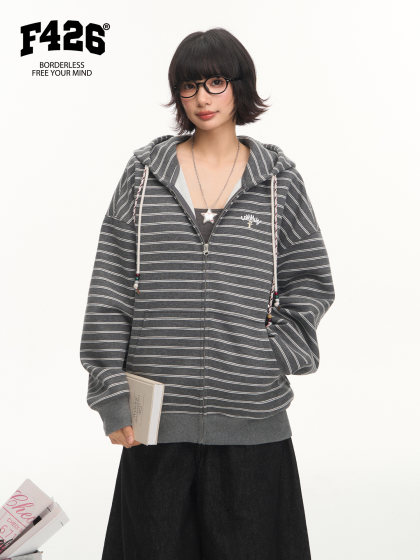 [F426 Official Store]National Trend Brand Spring New Casual Super Stylish Ethnic Style Hooded Striped Sweatshirt Jacket