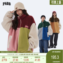 (F426 Official Shop) Guochao Lovers Hip Hop Autumn Winter Double Platoon LOGO Splicing Crashed Imitation Lamb Fur Coat