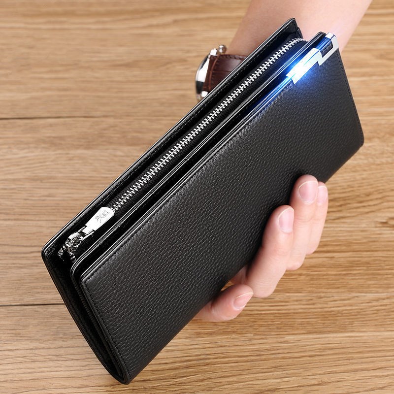 2022 wallet male long version real cow leather men's handbag young business pull-chain leather clamp multifunction mobile phone bag