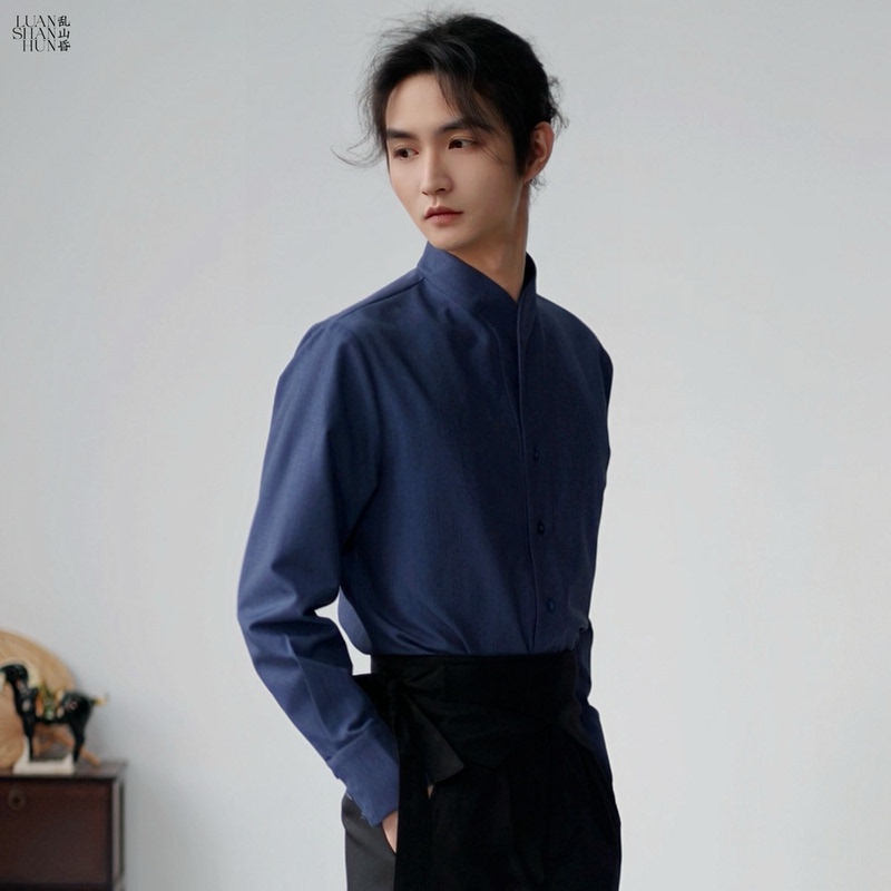 Lanshanhun New Chinese Style Original Double Curved Placket Cardigan Shirt Denim Blue Stand Collar Long Sleeve Shirt