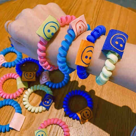 Super hot candy-colored phone cord hair ring internet celebrity smiley face hair accessory girl simple headband Korean version fluorescent hair s9