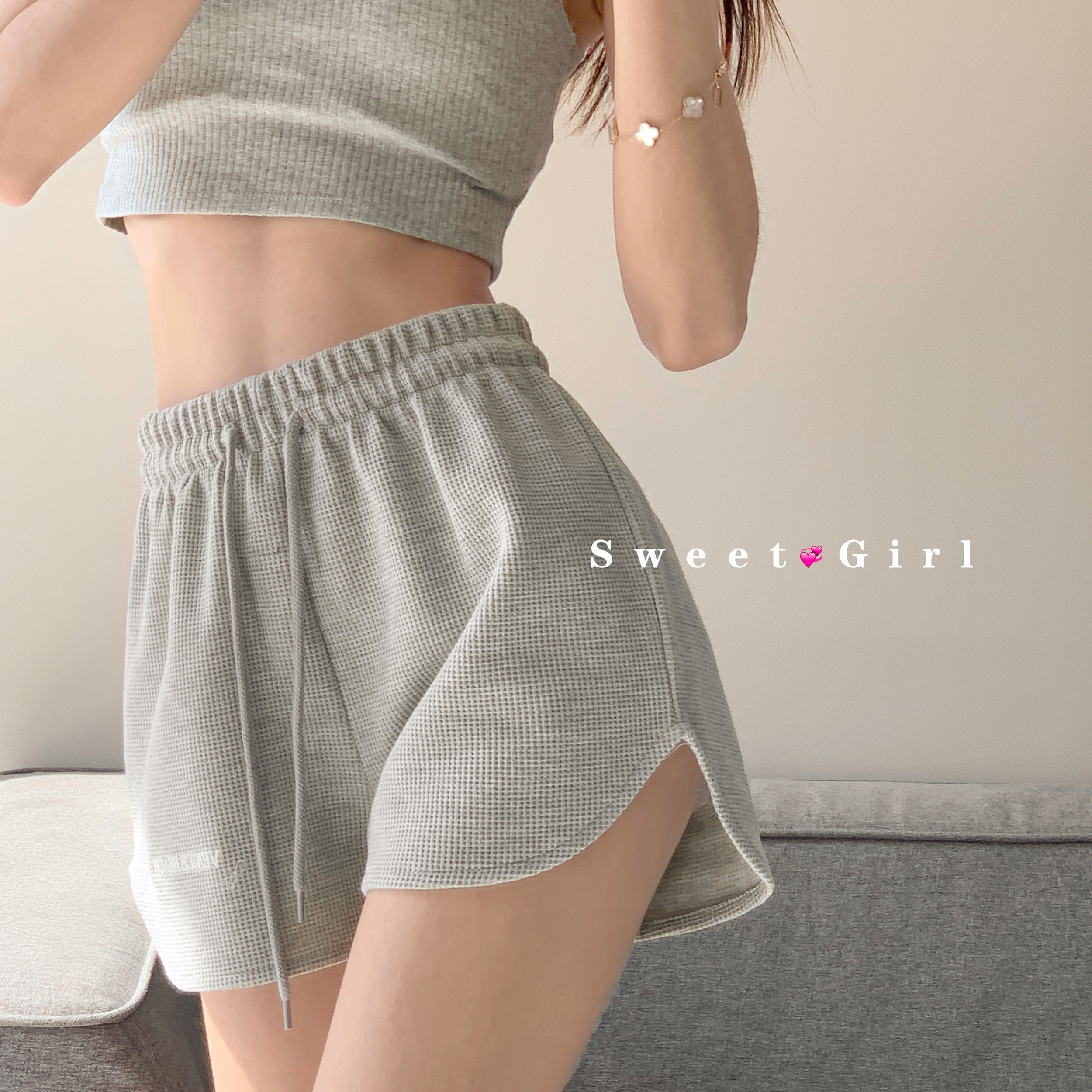Homemade Grey Waffle Sports Shorts Women's Spring Loose Bag Hip Wide Leg Hot Pants High Waist Thin Casual Three Points