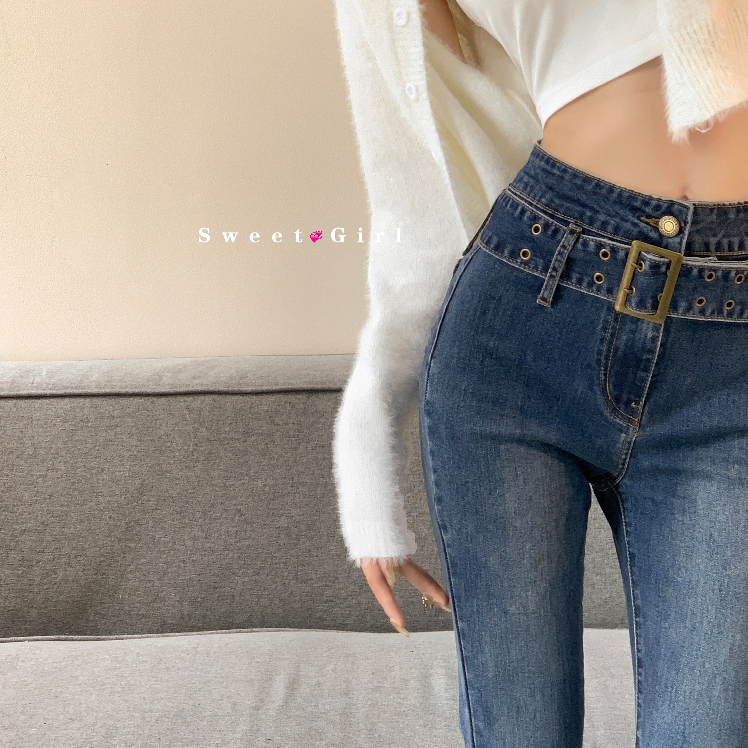 Stovepipe expert wide belt retro jeans women spring high waist slim micro flared pants casual show thin wide leg mopping pants