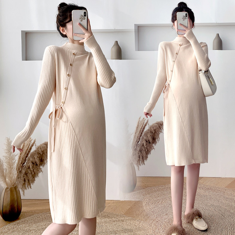 Maternity autumn sweater mid-length dress 2021 new women's top half turtleneck loose autumn and winter bottoming shirt