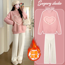 Maternity Autumn Suit 2023 New Sweater Wide Leg Pants Small Fashionable Fashionable Autumn and Winter Warm Suit