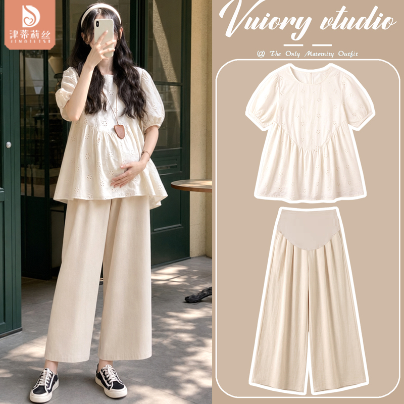 Maternity Suit for Petite Women, Summer Style That Covers the Belly Without Showing Pregnancy, 2026 New Model, All-Cotton Hollow Floral Embroidery Shirt with Wide-Leg Pants