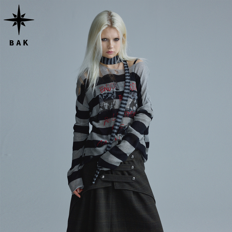 Bak Mispronunciation Sound Wave|Light Rock Style Striped Knitwear Punk Graffiti Distressed Design Long Sleeve Top for Women Bak Mispronunciation Sound Wave|Light Rock Style Striped Knitwear Punk Graffiti Distressed Design Long Sleeve Top for Women