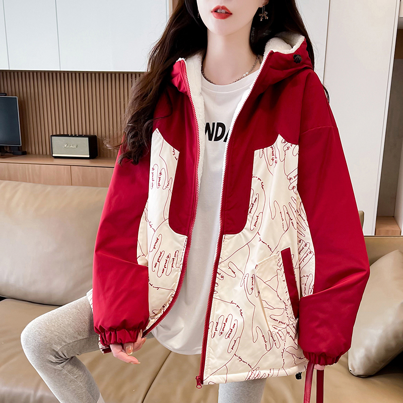 Fleece-Lined Thick Workwear Jacket for Women, Autumn and Winter, Loose Design, Plus-Size Hooded Lamb Wool Parka Cotton Coat