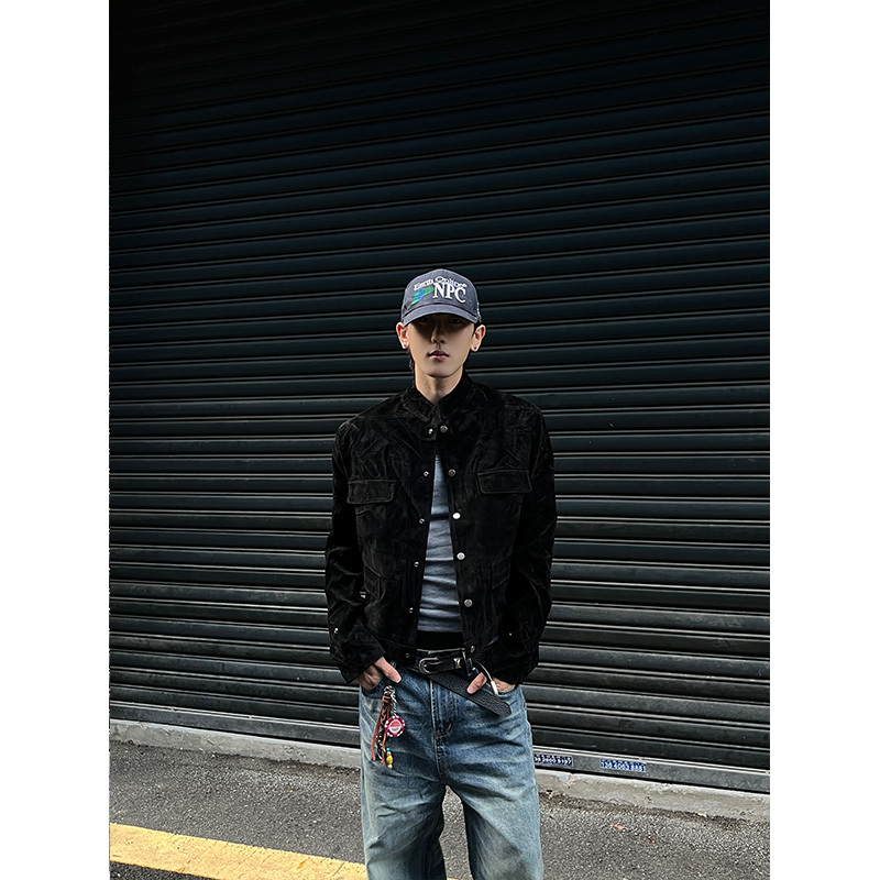 Dp Ahoilcc Retro Suede Jacket for Men and Women, Autumn Short Style, Solid Color, Stand Collar, Slim Fit Top, Trendy Coat