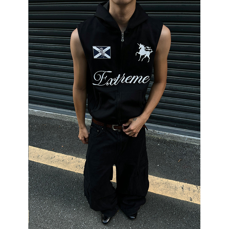 Dp Ahoilcc American-Style Summer Year of the Horse Embroidered Digital Print Hooded Cleanfit Vest Jacket for Men Dp Ahoilcc American-Style Summer Year of the Horse Embroidered Digital Print Hooded Cleanfit Vest Jacket for Men