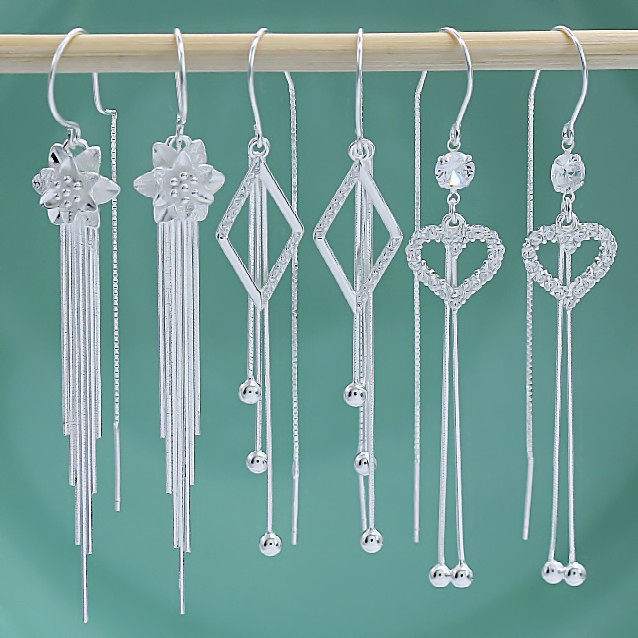 999 Sterling Silver Sexy Earrings Tassel Ear Chain Hypoallergenic Ear Chain Korean Temperament Long Version Earrings Female Ear Needle Simple