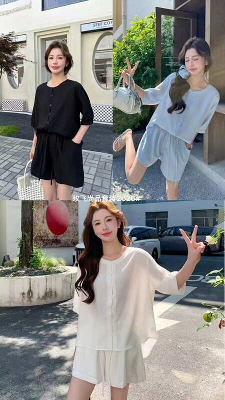 2626 Summer Round Neck Short-Sleeved Top + Shorts Set, m Bust Size 120, Length 59, Hip Size 124