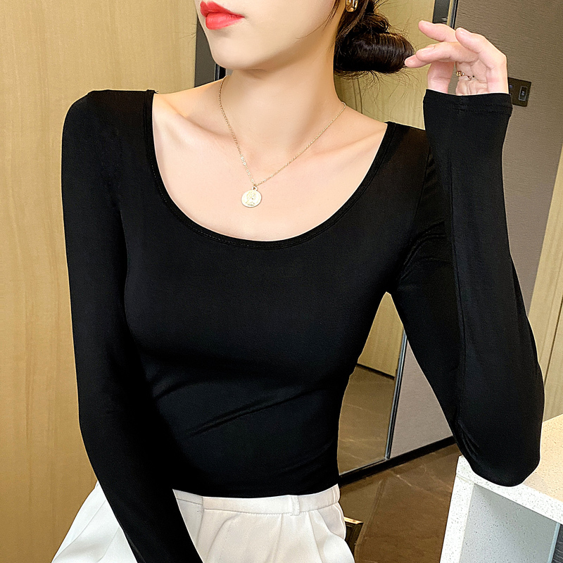 Black Round Neck Top for Women, Long-Sleeved, New Spring and Autumn Style, Slim Fit, Stylish, Elastic U-Neck Base Shirt, High-End Solid Color T-Shirt