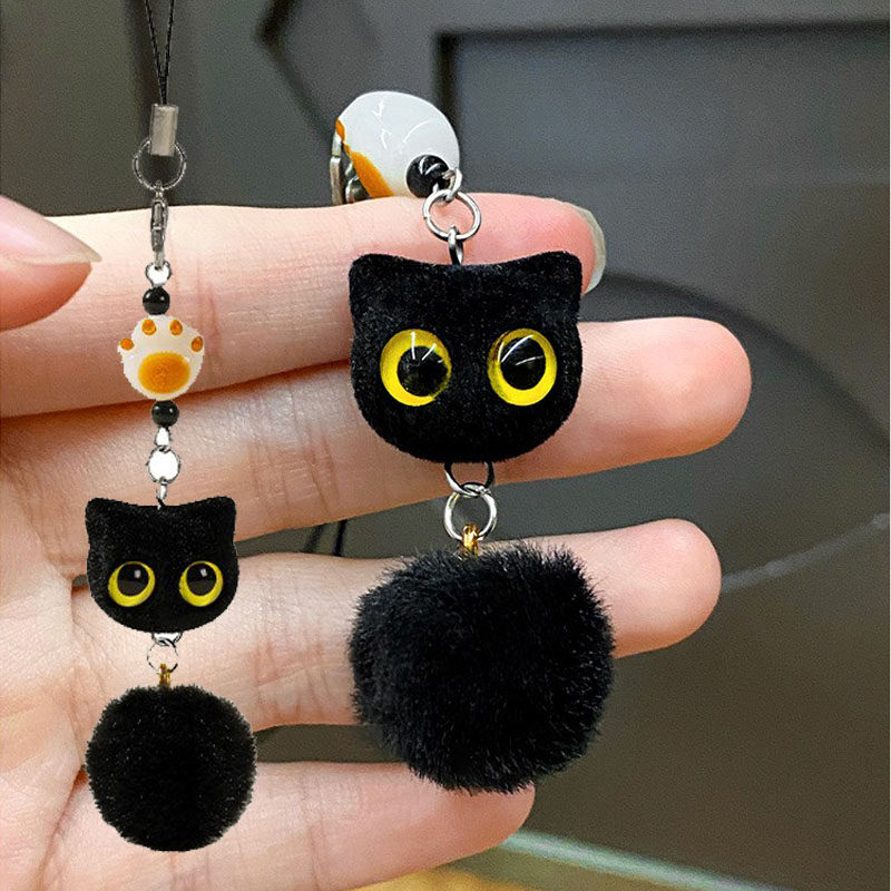 Mini phone charm with small nose pendant, flocked kitten pom-pom keychain, plush toy, backpack, birthday gift, couple gift.