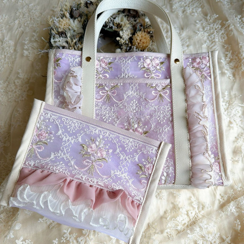 Tplight Japanese-Style Embroidered Floral Clutch Bag for Women, Light Purple Ribbon Pain Bag, Girly Casual Small Bag