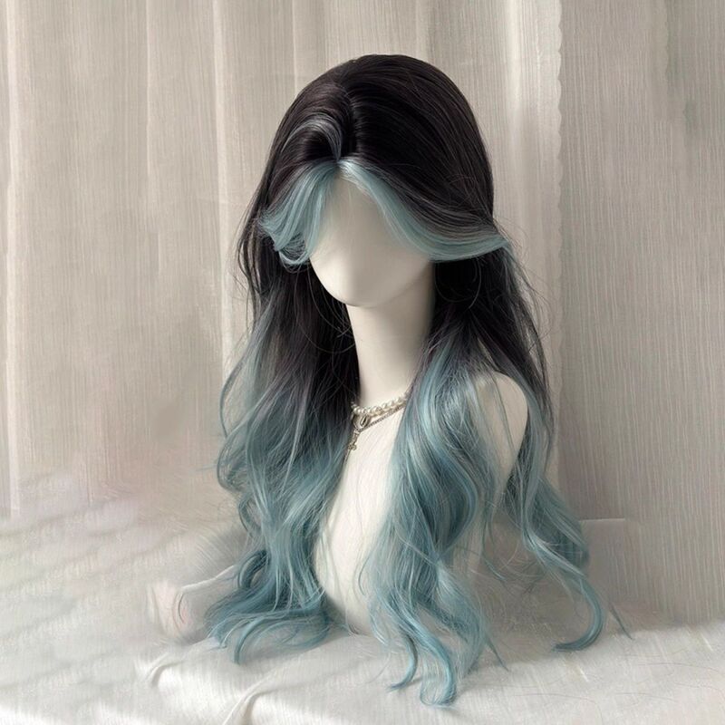 Wig with Mint Gradient Long Curly Hair, Middle Parting, Summer Bangs, Highlights, Big Waves, Natural Realistic Full Head Wig Wig with Mint Gradient Long Curly Hair, Middle Parting, Summer Bangs, Highlights, Big Waves, Natural Realistic Full Head Wig