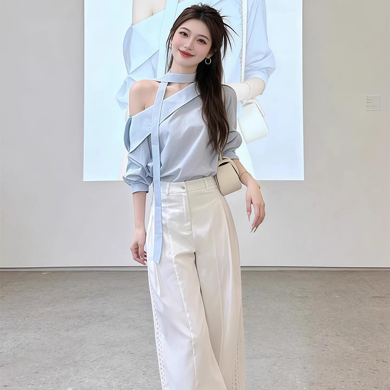 French-Style Chic Off-Shoulder Halter Blue Shirt for Women, 2026 Spring New High-End Design Unique Off-Shoulder Top