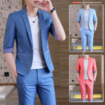Short-sleeved suit suit mens set Korean slim handsome casual quarter sleeve small suit two-piece summer thin