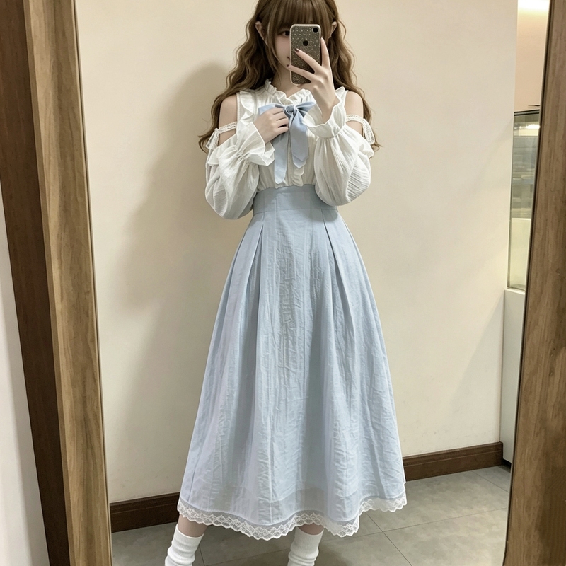 Mist Sea Sweet Style Off-Shoulder Aqua Color Patchwork Dress Long Sleeve Waist-Cinching Slimming Autumn Aqua Blue Long Dress