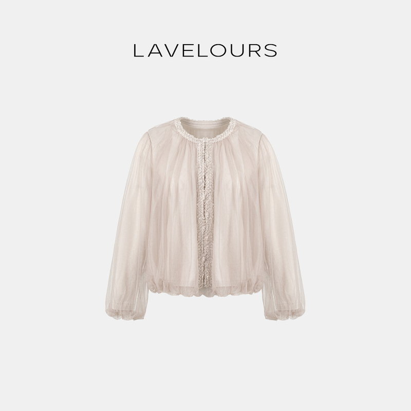 Lavelours Double-Layer Sheer Mesh Patchwork Knitwear with Fragrant Ribbon Trim in Wool and Cashmere Lavelours Double-Layer Sheer Mesh Patchwork Knitwear with Fragrant Ribbon Trim in Wool and Cashmere