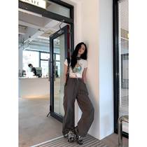 Multi-pocket high waist workwear pants female summer slim fit small sub American elastic band loose bunches wide leg casual pants