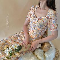 Monet garden water-soluble printing glitter tea break skirt temperament floral skirt Square collar waist thin Chiffon jumpsuit
