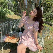 2021 summer new French square collar waist thin tea break floral dress first love bellflower gentle wind jumpsuit