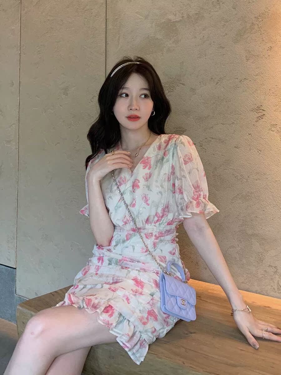 2022 Summer Pure Desire Bag Hip Crummy Floral Dress Printed Short Dress Cashew Cashew Slim Faststyle Tea Hysteria Dresses Summer Season