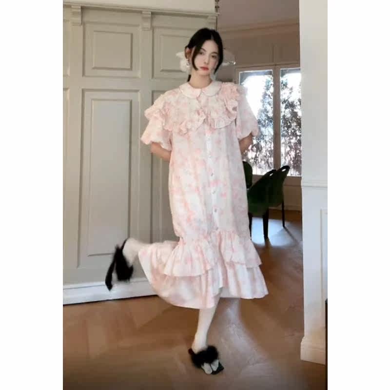 Dime's new French style gentle and beautiful printed blouse with white crushed floral dress for a long skirt Summer 2022