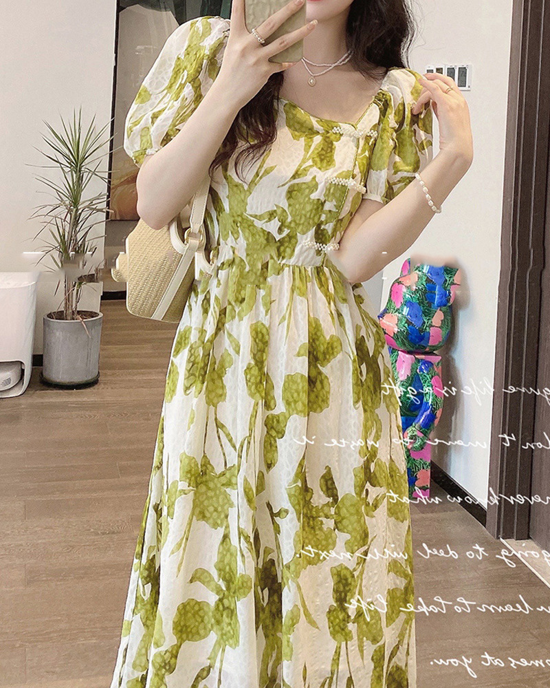 New Chinese Style Vintage Oil Painting Green Temperament Truffle Shoulders Foreign Dress Temperament Small Crowdskirt Woman