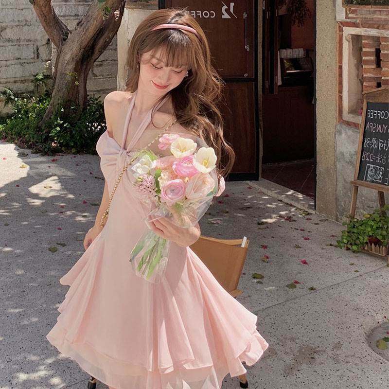 Teenage Girl Sensation Law Style First Love Truffle Back A Character Dress Woman V Collar Hanging Neck Harnesses Lotus Leaf Side Pure Color Princess Dresses