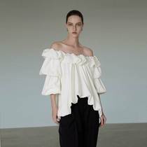 White French style lined Shoulder Lotus Leaf Side Blouses Woman Design Sensation Small Crowdshirt Texture Superior Feeling Dew Shoulder Lining Woman