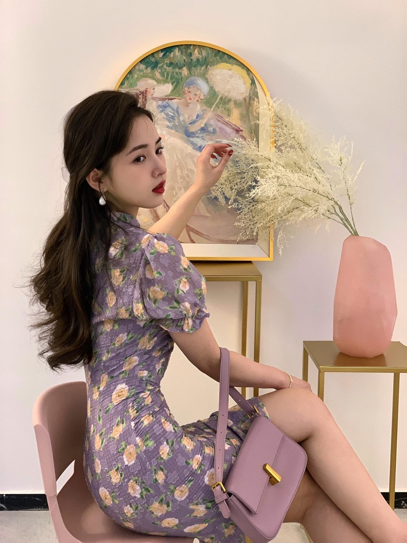 Gentle oil painting Temperament Short Improved Qipao Everyday Short Sleeve Foreign Dress