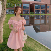Bow word shoulder dress 2021 new summer sweet waist thin temperament age-reducing wild princess dress