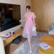 Super fairy floral leaky shoulder thin dress womens summer 2021 new bubble sleeve mesh suspender French first love