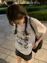 2022 Korean version of the new womens clothing Slim 100 Ride Da Vinci Manuscript  Art Sense Small Crowdprinted Short Sleeves