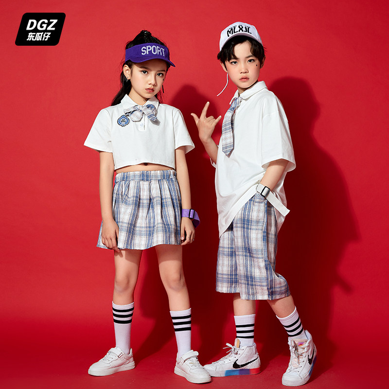 Street dance tide clothing children's college style jk plaid pleated skirt suit girls model catwalk fashion stage performance clothing