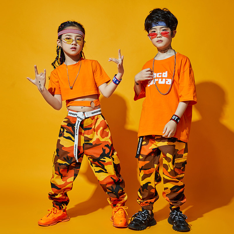 Children's Street Dance Kit Boys Short Sleeved Hip Hop Loose Tops Camouflage Girl Jazz Dance Short