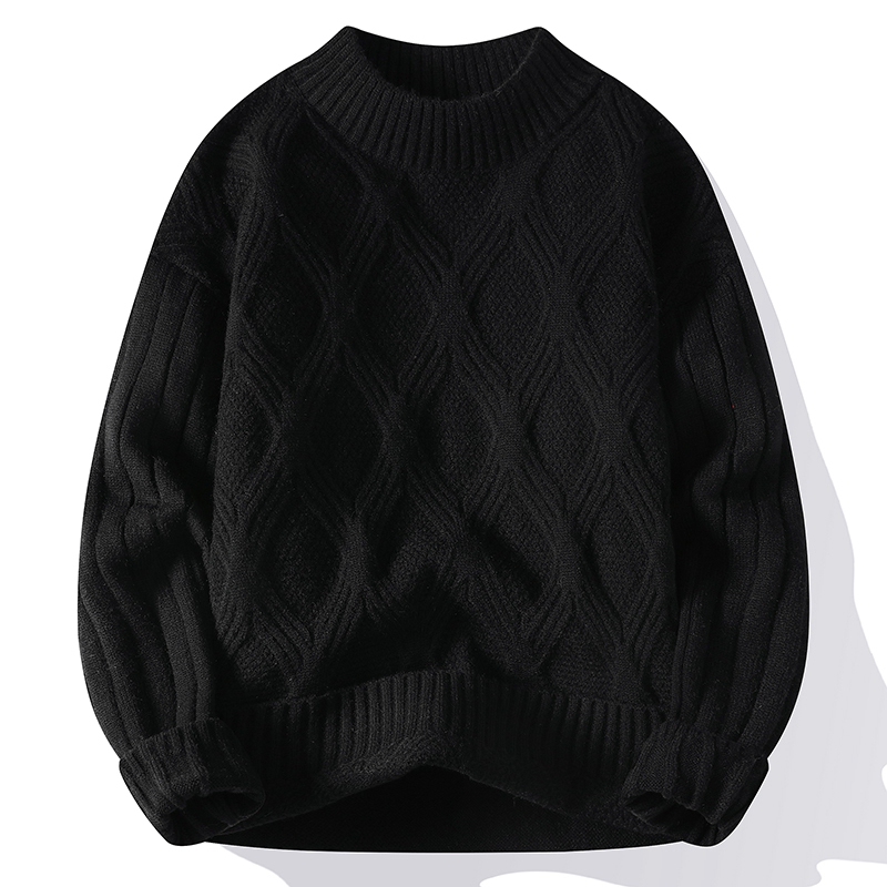 Black Sweater for Men, Winter Thickened Warm Inner Knitwear, Trendy Brand, Loose and Casual, Solid Color, Cable Knit, Round Neck Knitwear