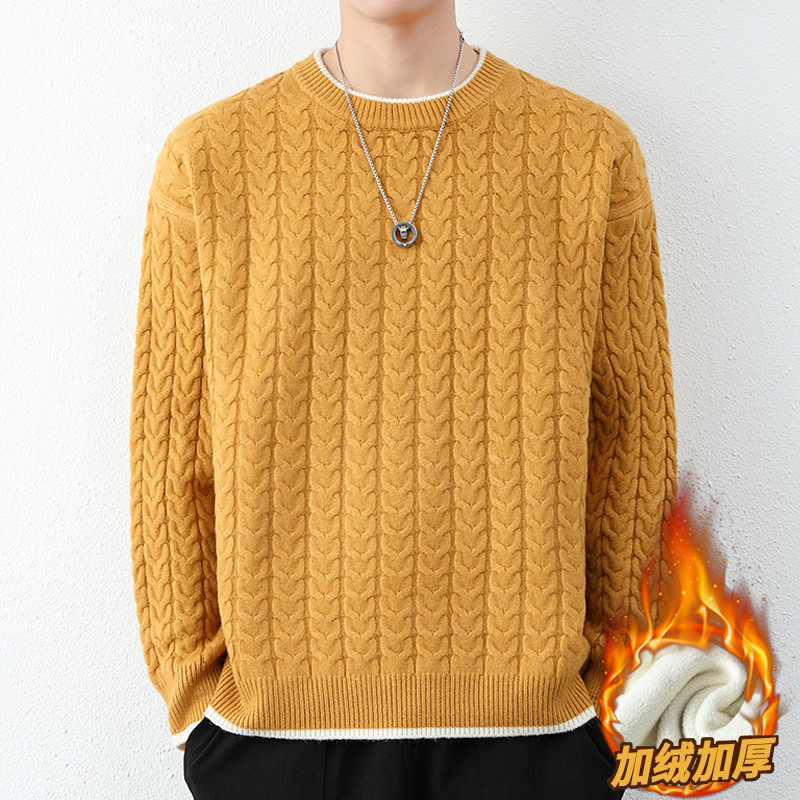 Yellow Cable-Knit Sweater for Men, Autumn and Winter Trendy Brand, Loose and Casual Knitwear, Fleece-Lined and Thickened, Crew Neck Base Sweater